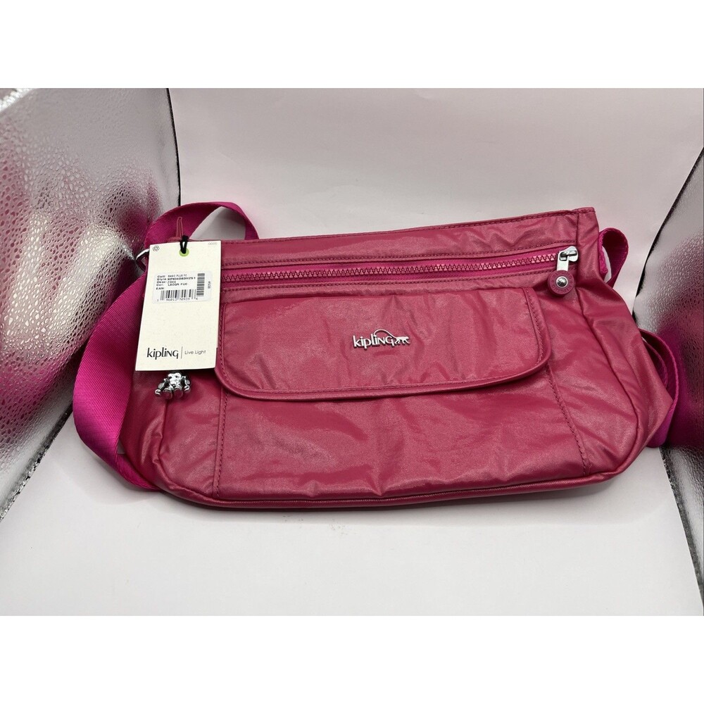 Kipling Ziska Crossbody Bag Lacquer Fuchsia Pink Nylon NWT Monkey Charm